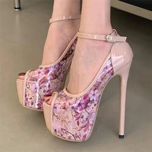 Load image into Gallery viewer, High-heeled shoes with floral design on a neutral background