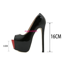 Load image into Gallery viewer, A single glossy black patent leather high-heeled pump with an open toe, platform sole, and slim stiletto heel, shown with dimension markers indicating 16CM height and 5.5CM platform/toe depth.