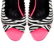 Load image into Gallery viewer, Black and white striped shoes with pink soles on a white background