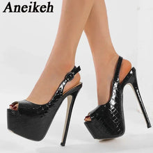 Load image into Gallery viewer, Black high-heeled shoes with platform on a white background, featuring the brand &#39;Aneikeh&#39;.