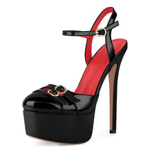 Load image into Gallery viewer, Black high-heeled platform sandal with red interior on a white background