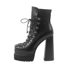 Load image into Gallery viewer, Black platform boot with high heel and lace-up design on a white background