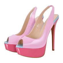 Load image into Gallery viewer, Pink high-heeled shoes with a platform on a white background