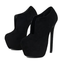 Load image into Gallery viewer, Black high-heeled platform shoes on a white background