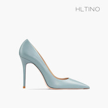 Load image into Gallery viewer, A single HLTINO light blue pointed-toe high heel pump shown in profile against a clean white background.