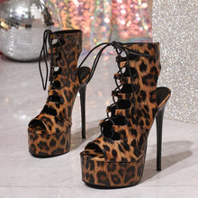 Load image into Gallery viewer, Leopard print high-heeled platform shoes on a glittery background
