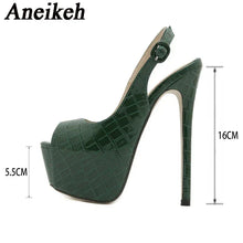 Load image into Gallery viewer, Green high-heeled shoe with measurements on a white background, featuring the brand &#39;Aneikeh&#39;.