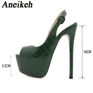 Green high-heeled shoe with measurements on a white background, featuring the brand 'Aneikeh'.