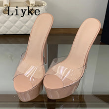 Load image into Gallery viewer, A pair of platform wedge sandals with clear transparent straps and a light peach-pink footbed, displayed on a glass shelf. The brand name 'Liyke' is visible as an overlay in the top left.