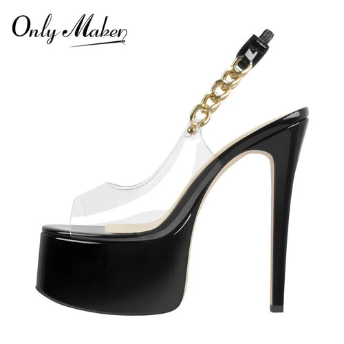 Black high-heeled shoe with clear platform and gold chain, branded 'Only Maker'.