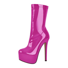 Load image into Gallery viewer, Pink high-heeled platform boot on a white background