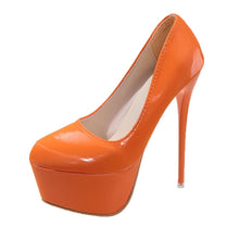 Load image into Gallery viewer, Orange high heel platform pumps side view