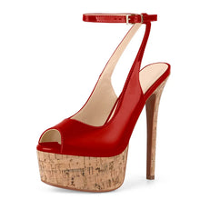 Load image into Gallery viewer, Onlymaker Women Peep Toe Wood Grain Platform Slingback Heels