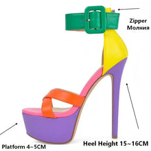 Load image into Gallery viewer, Colorful high-heeled shoe with platform and heel height information on a white background