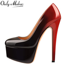 Load image into Gallery viewer, A high-heeled pump shoe with a glossy black-to-red gradient patent finish, featuring a chunky platform sole and a slim stiletto heel. The brand name 'Only Maber' is displayed in the top left corner on a white background.
