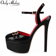 Load image into Gallery viewer, Black high-heeled sandal with red interior on a white background, branded 'Only Maker'.