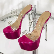 Load image into Gallery viewer, Pink high-heeled shoes with clear studded design on a white background