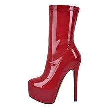 Load image into Gallery viewer, Shiny red high-heeled boot on a white background