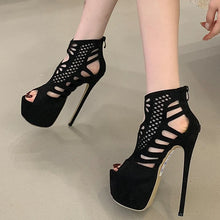 Load image into Gallery viewer, Black high-heeled shoes with open-toe design on a neutral background