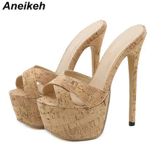 Load image into Gallery viewer, Beige high-heeled sandals with cork texture on a white background, brand &#39;Aneikeh&#39; visible.