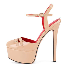 Load image into Gallery viewer, Beige high-heeled sandal with red interior on a white background