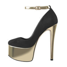 Load image into Gallery viewer, Gold and black platform heels for sale
