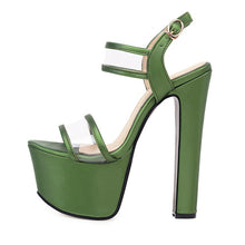 Load image into Gallery viewer, Green High Heel Sandals with platform. For sale. Side View