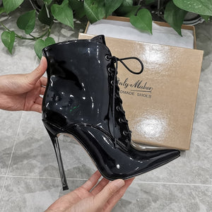 For sale: Ankle high heel boots shiny designer shoes