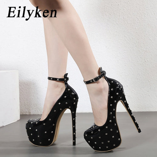 Side View black rivet high heel pumps