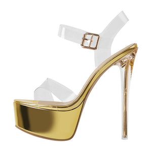 Gold PVC high heel sandals for sale