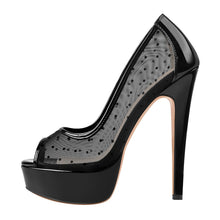 Load image into Gallery viewer, black peeptoe polka dot heels