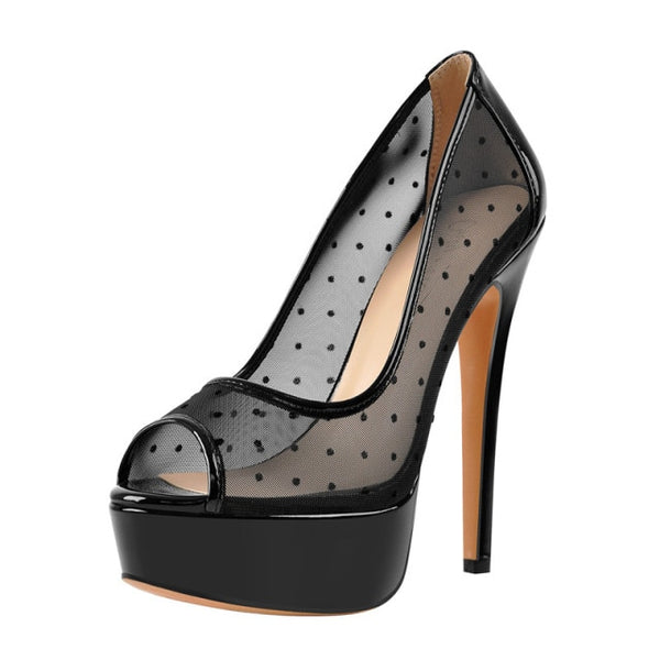 Black mesh shop peep toe heels