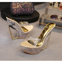 Load image into Gallery viewer, Gold Wedge Heels. Cinderella Shoes