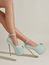 Load image into Gallery viewer, Blue peep toe high heels for women