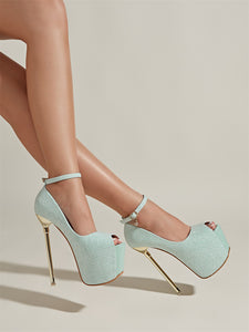 Blue peep toe high heels for women